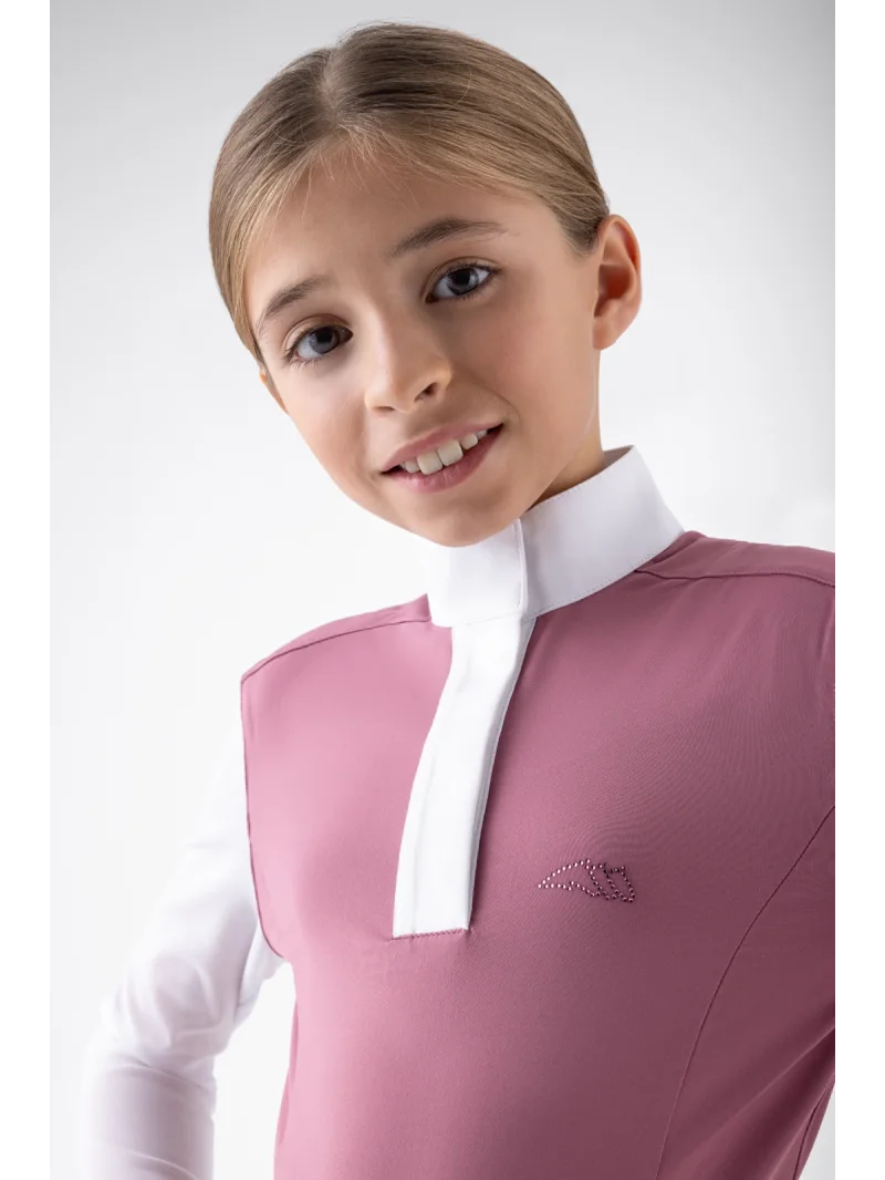 Pink (Daybreak) long-sleeve competition polo shirt with white tulle sleeves for girls EQGOR