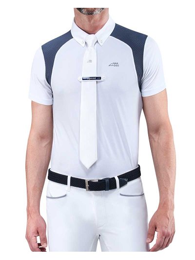 Polo fin de compétition à manches courtes blanc avec maille bleu grisâtre pour homme - Elio - Equiline