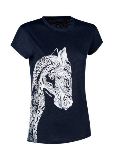 T-shirt fine à manches courtes bleu marine avec ilustración et brillants pour femme - Mood - Equiline