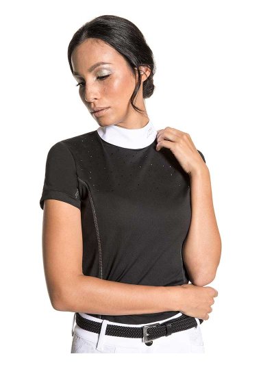 Polo de compétition à manches courtes noir à strass pour femme - Pitas - Equiline