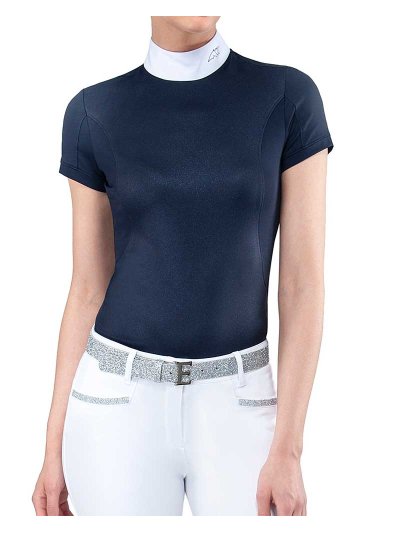 Polo de compétition à manches courtes bleu marine effet brillant pour femme - Greta - Equiline