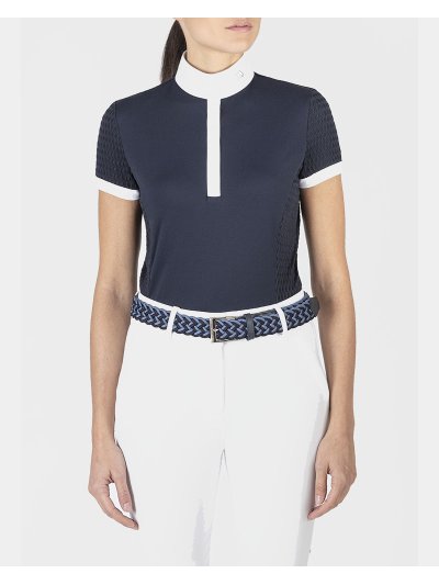 Polo azul marino de concurso con laterales y mangas de tela fina para mujer - EQUILINE