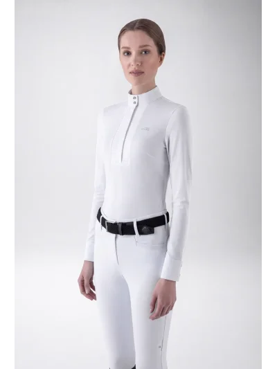 White long-sleeve competition polo shirt with tulle sleeves for women EQGOLO - Equiline
