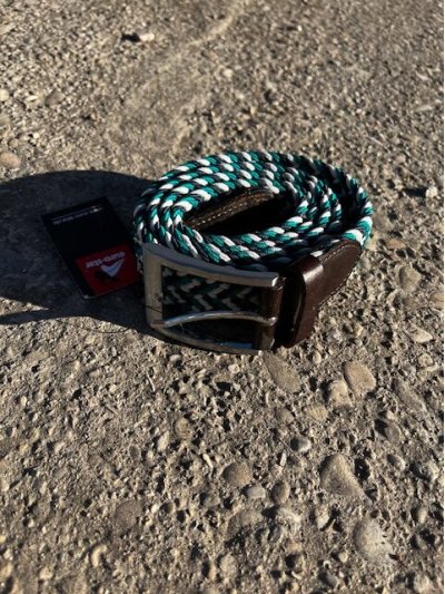 Ceinture étroit tressé élastique tricolore (bleu marine, vert et blanc) unisexe - Euro-Star