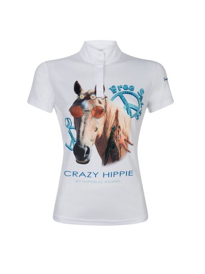 Polo de compétition blanc avec dessin de cheval hippie et brillants sur le devant pour fille modèle Hippie Horse - Imperial Riding