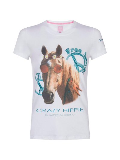 T-shirt blanc avec dessin de cheval hippie et brillants sur le devant pour fille modèle Hippie Horse - Imperial Riding