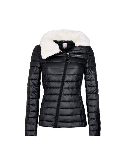 Manteau matelassé noir brillant avec fourrure synthétique au col pour femme modèle Marilyn - Imperial Riding