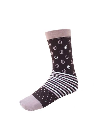 Chaussettes techniques marron avec fers à cheval, rayures et pois modèle Lucky horse shoe - Imperial Riding