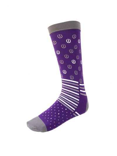 Chaussettes techniques violettes avec fers à cheval, rayures et pois modèle Lucky horse shoe - Imperial Riding