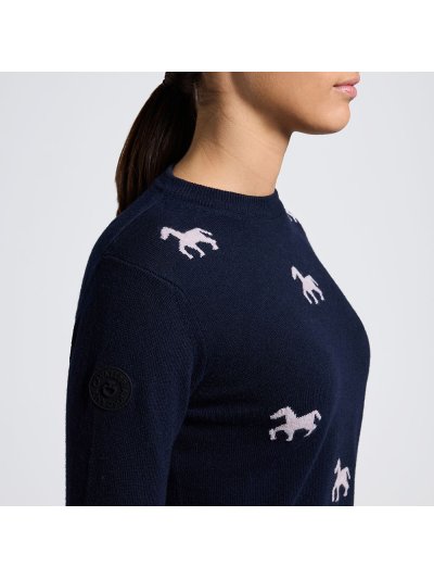 Navy blue round neck sweater with pink horse print for girls - Cavalleria Toscana
