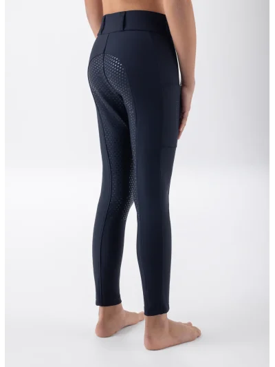 Legging d'équitation junior bleu marine à fond intégral avec logo en strass sur la poche EQCLEOF - Equiline - imagen 3