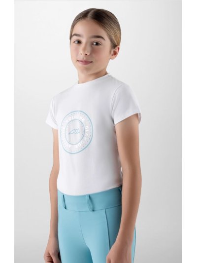 Camiseta de manga corta blanca con el logotipo de diamantes de imitación en aguamarina para niña-Galy-Equiline