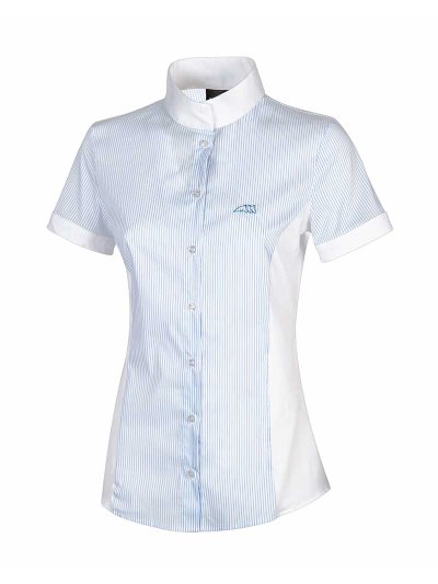 Chemise de compétition à manches courtes blanc à rayures verticales bleu clair pour femme - Charlotte - Equiline