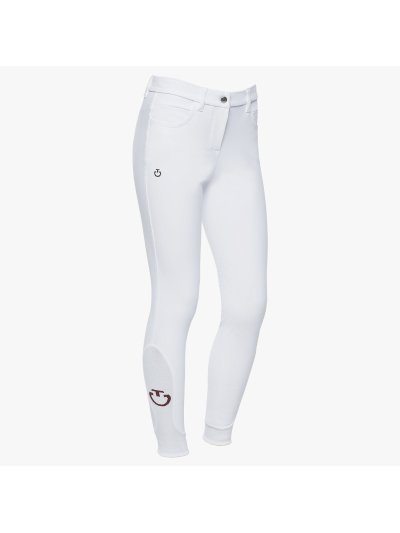 Pantalones de concurso blancos con bolsillos (grip rodilla) y el logo negro para niña - Cavalleria Toscana
