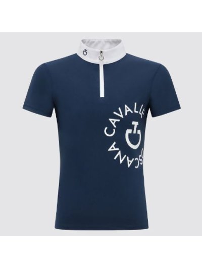 Polo de competición azul ahumado de manga corta y el logo grande en la parte superior izquierda para niña - Cavalleria Toscana