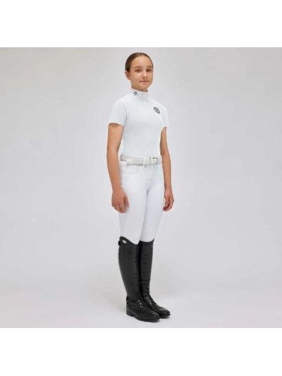 Polo de competición de manga corta blanco con el logo azul marino para niña - Cavalleria Toscana