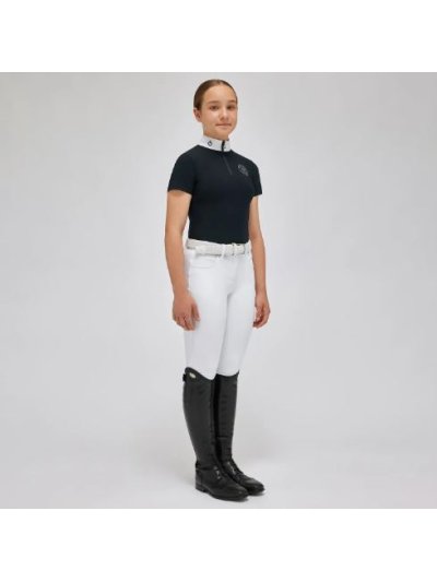 Polo de competición de manga corta azul marino con el logo blanco para niña - Cavalleria Toscana