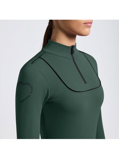 Girls' dark grey long-sleeve technical training polo with contrast piping on chest and shoulders - Cavalleria Toscana
