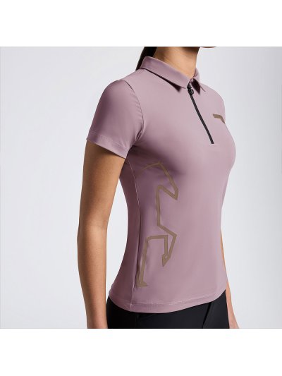 Polo de entrenamiento de manga corta lila oscuro con estampado de caballos y cremallera frontal para niña - Cavalleria Toscana