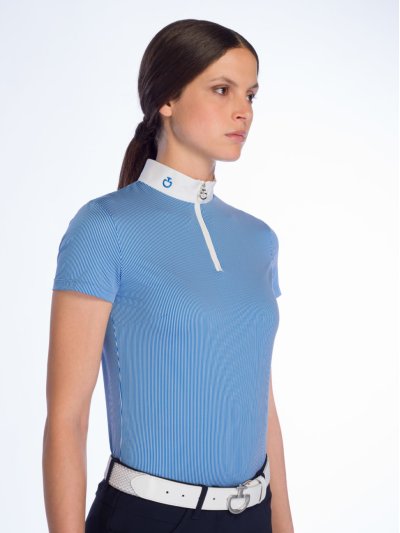 Polo de compétition à manches courtes à rayures bleu et blanc pour femme- Cavalleria Toscana