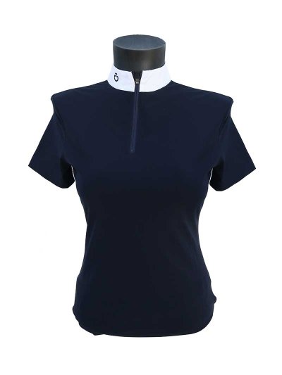 Polo de compétition à manches courtes bleu marine et espalda de maille blanc pour femme - Cavalleria Toscana Revolution
