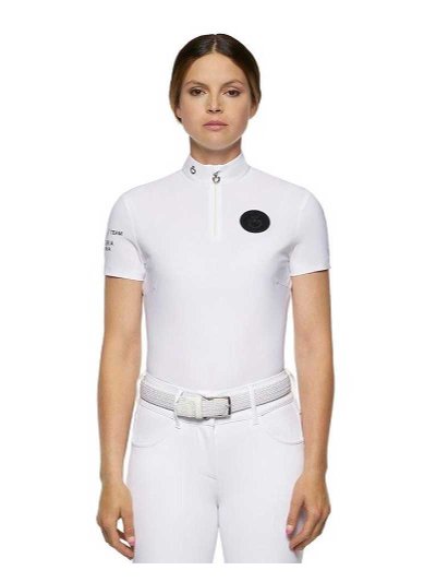 Polo de compétition à manches courtes blanc avec logos en noir pour femme - Team - Cavalleria Toscana