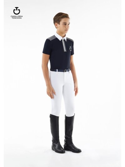 Polo de compétition à manches courtes bleu marine et gris pour garçon - Cavalleria Toscana