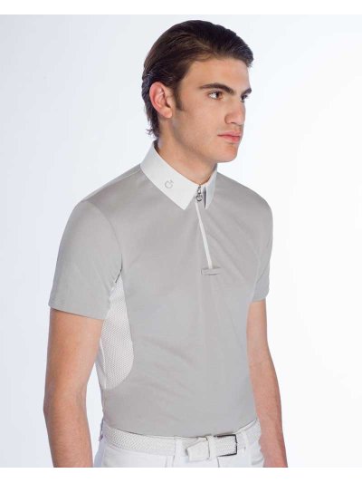 Polo de compétition à manches courtes de piqué gris clair et maille blanc pour homme - Cavalleria Toscana