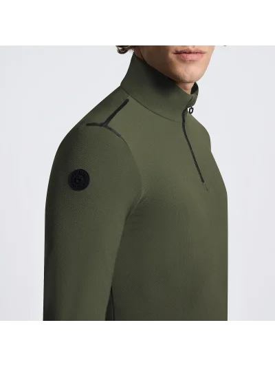Polo de entrenamiento de manga larga verde oliva (Winter Moss) con cuello alto y media cremallera para hombre - Cavalleria Toscana