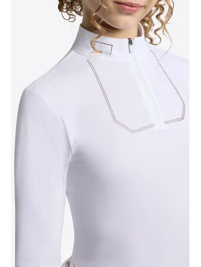 Polo de concurso de manga larga blanco con brillantes para niña - RG