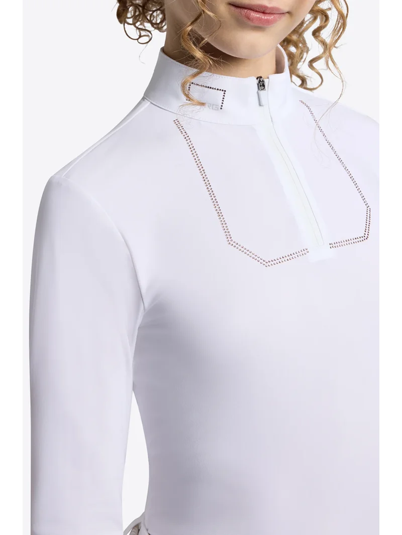 White long-sleeve competition polo shirt with rhinestones for girls