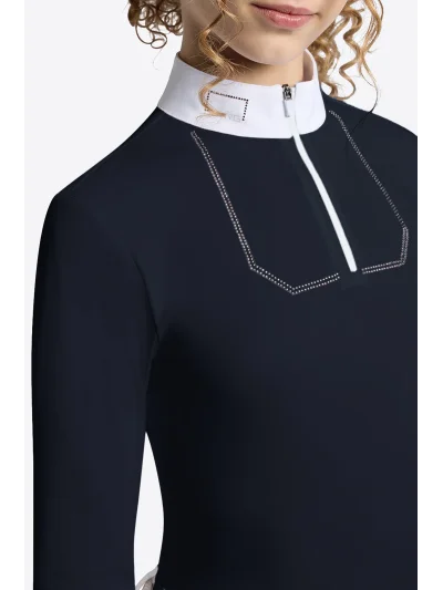 Polo de concurso de manga larga azul marino con brillantes para niña - RG