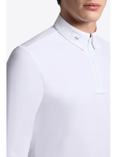 Polo de concours à manches longues blanc zippé pour homme - RG