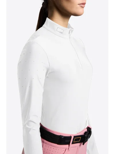 Polo de concours à manches longues blanc avec strass roses pour femme - RG