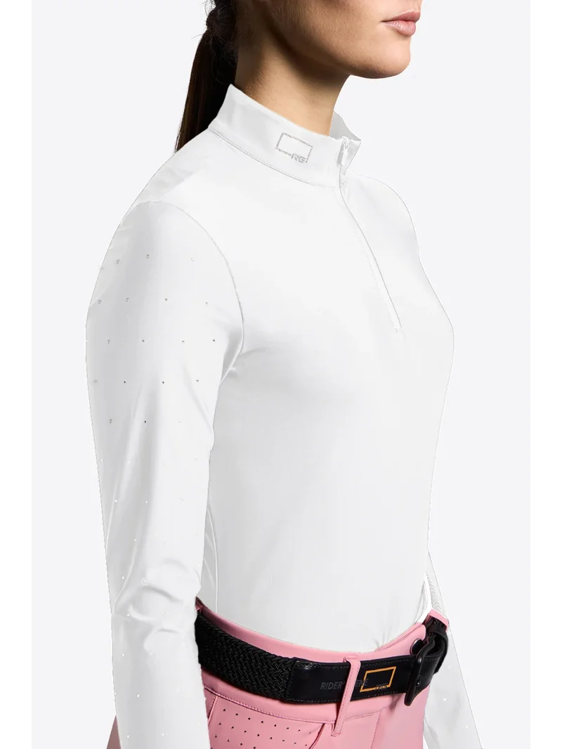 White long-sleeve competition polo shirt with pink rhinestones for women