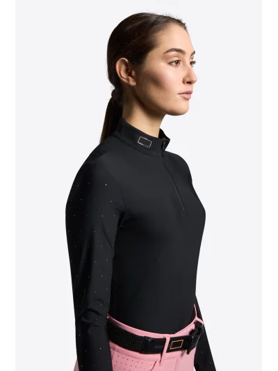 Polo de concours à manches longues noir avec strass roses pour femme - RG
