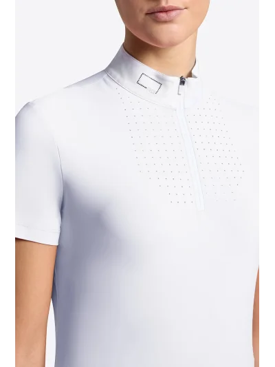 Polo de concours à manches courtes blanc zippé à strass pour femme - RG
