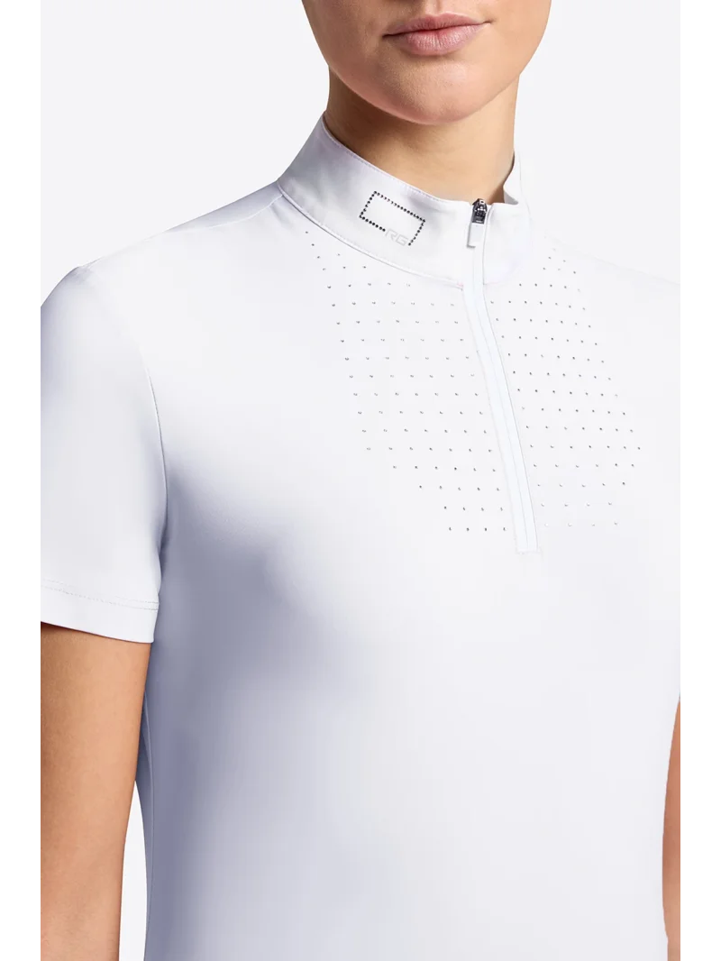 White short-sleeve competition polo shirt with zip and rhinestones for women