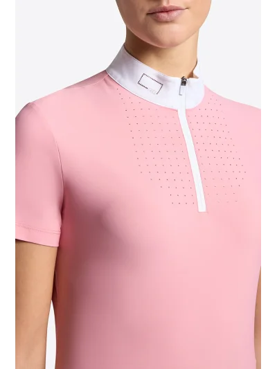 Polo de concours à manches courtes rose (Peony) zippé à strass pour femme - RG