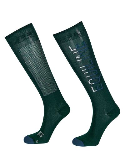 Chaussettes hautes fins vert foncé avec firma en bleu marine et gris clair et grip à l'intérieur - Thor - Equiline