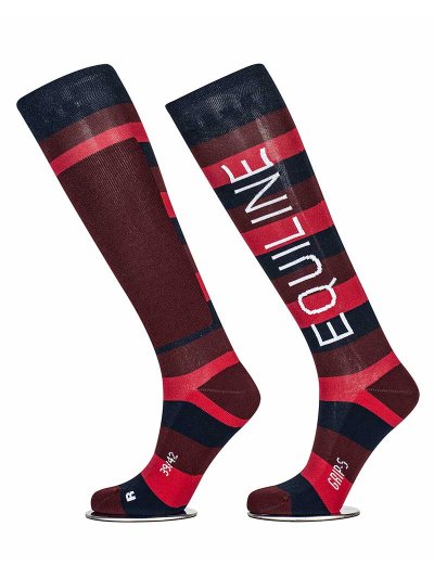 Chaussettes hautes à rayures rouge, bordeaux et bleu marine avec grip à l'intérieur - Kunzite - Equiline