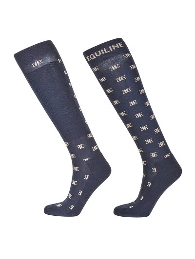 Calcetines de caña alta azul marino con el logo de la marca en beige - Elinore - Equiline