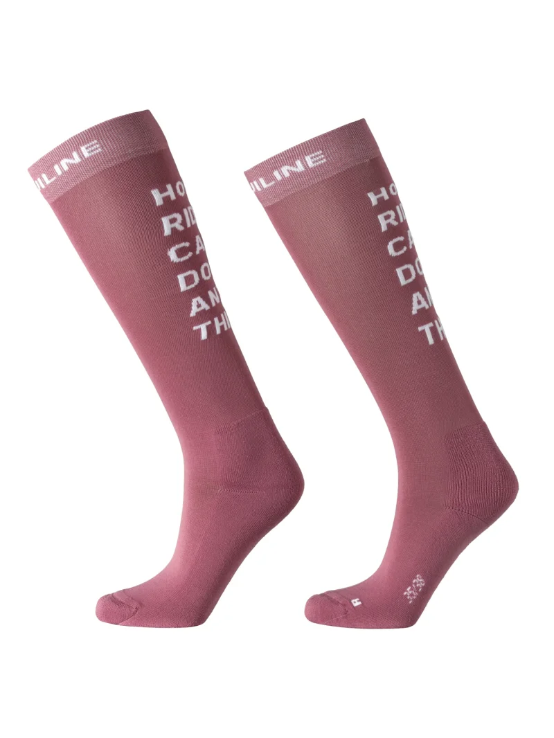 Pink (Daybreak) junior riding socks with jacquard lettering on the back EQGOL