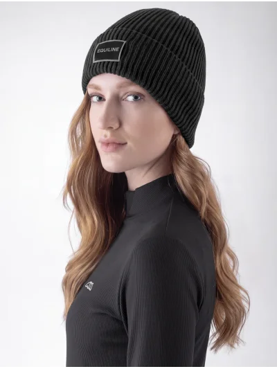 Black knitted beanie with microfleece lining and jacquard logo EQCAP - Equiline - imagen 2