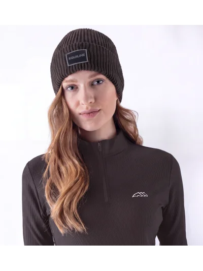 Dark brown (Coffee Bean) knitted beanie with microfleece lining and jacquard logo EQCAP - Equiline - imagen 2