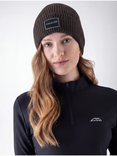 Dark brown (Coffee Bean) knitted beanie with microfleece lining and jacquard logo EQCAP - Equiline