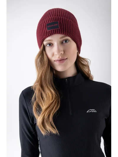 Red (Alpine Plum) knitted beanie with microfleece lining and jacquard logo EQCAP - Equiline