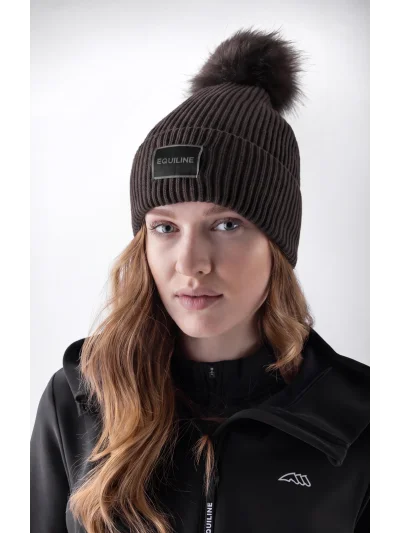 Dark brown (Coffee Bean) knitted pom-pom beanie with microfleece lining EQCON - Equiline