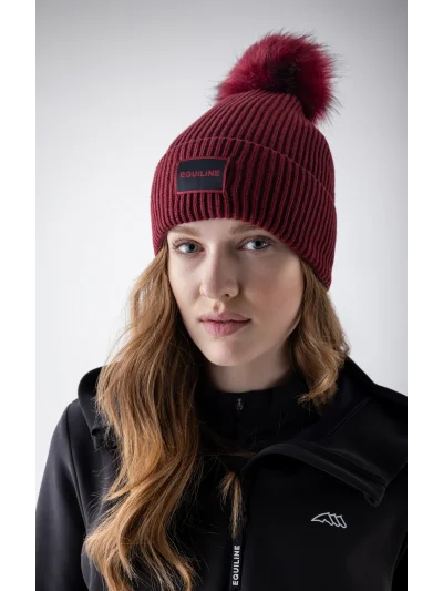 Red (Alpine Plum) knitted pom-pom beanie with microfleece lining EQCON - Equiline