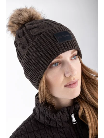 Dark brown (Coffee Bean) cable-knit pom-pom hat for women EQGAT - Equiline